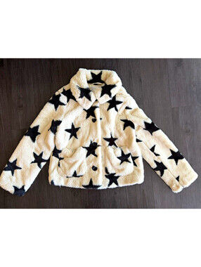 POPSUGAR Women's XS Ivory/Black Star Faux Fur Lined Collared Short Jacket